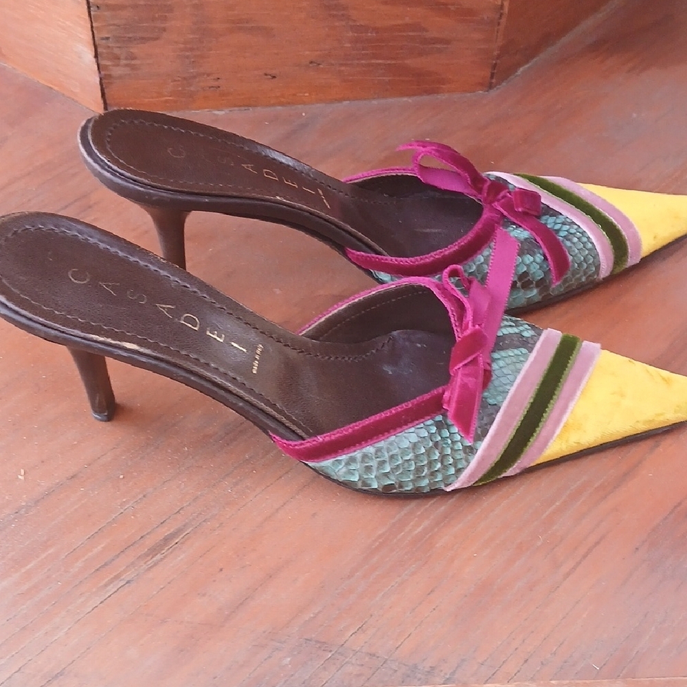 Casadei Yellow and Green Heels with Pink Accents - Picture 2 of 11